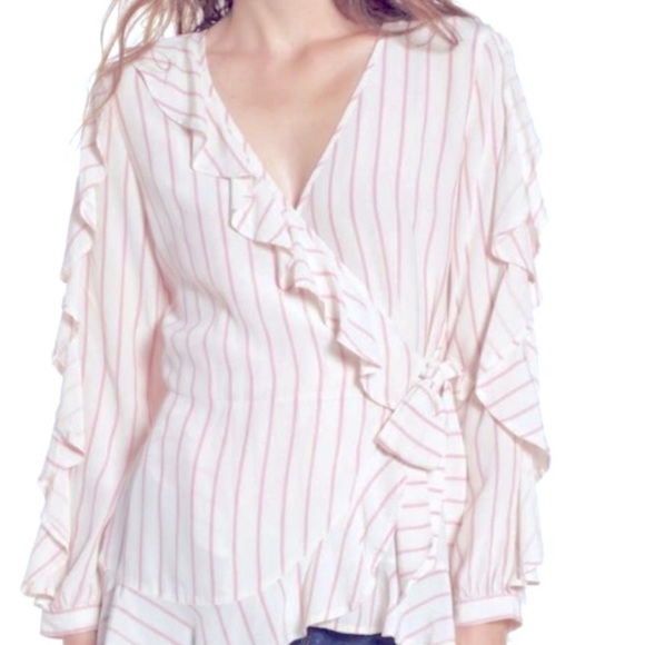 Leith Tops - LEITH Ruffled Striped Long Sleeve Wrap Victorian Peasant Style Blouse